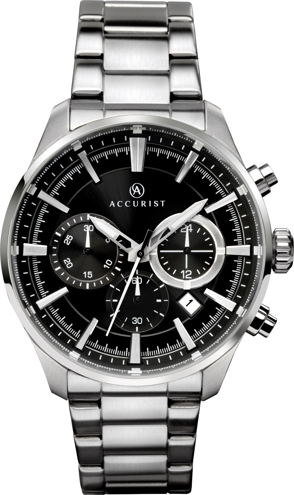 Accurist Gents Analogue Quartz Watch With Black Chronograph Dial And silver Stainless Steel Bracelet 7194