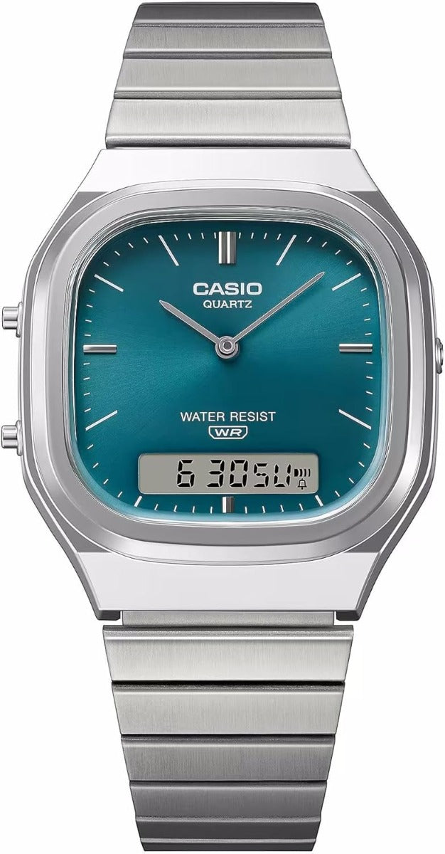 Casio Collection Mens Analogue- Digital Watch with Green Dial and Silver Strap AQ-240E-3AEF