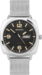 Gwylio Sekonda Airborne i Ddynion gyda Deial Du a Strap Arian 30101