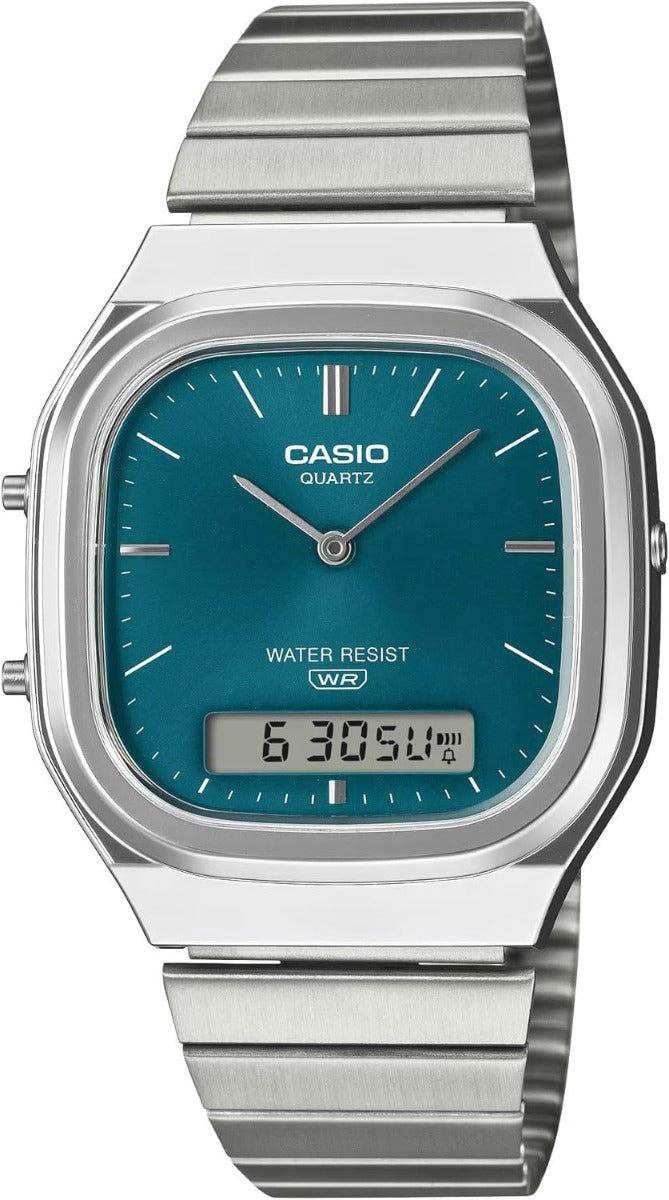 Casio Collection Mens Analogue- Digital Watch with Green Dial and Silver Strap AQ-240E-3AEF