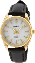 Foneddigesau Lorus Gwylio Solar gydag Wyneb Gwyn a Strap Lledr Du RY518AX9