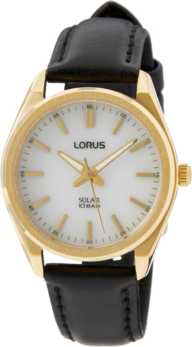Foneddigesau Lorus Gwylio Solar gydag Wyneb Gwyn a Strap Lledr Du RY518AX9