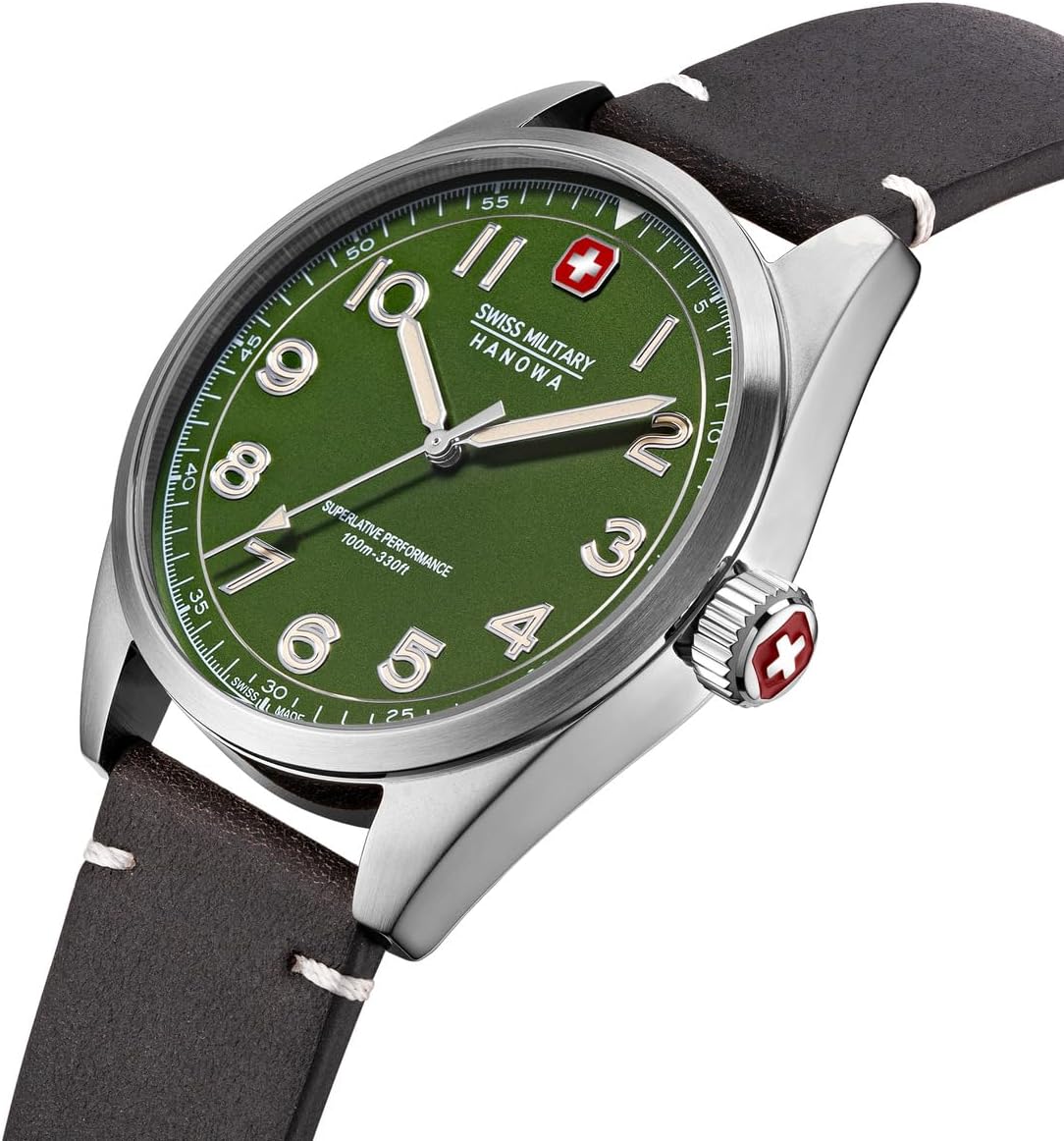 Swiss Military Hanowa Mens Watch with Green Dial and Brown Leather Strap SMWGA2100404