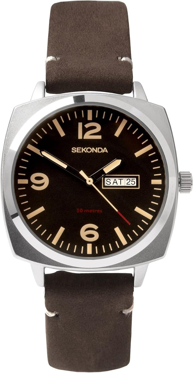 Sekonda Mens Watch with Black Dial and Brown Suede Leather Strap 1988