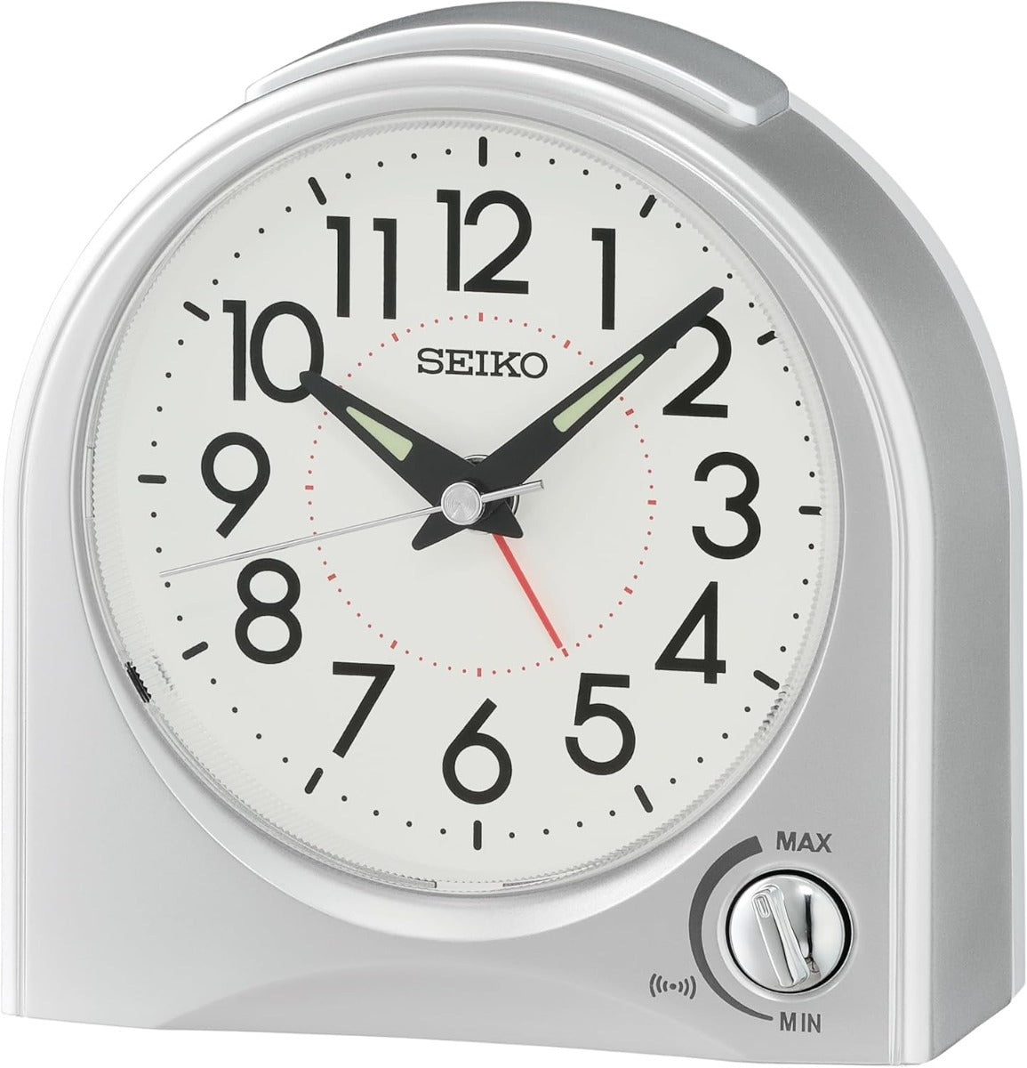 Cloc Larwm Seiko gydag Ail Law Ysgubol gydag Achos Arian QHE204S