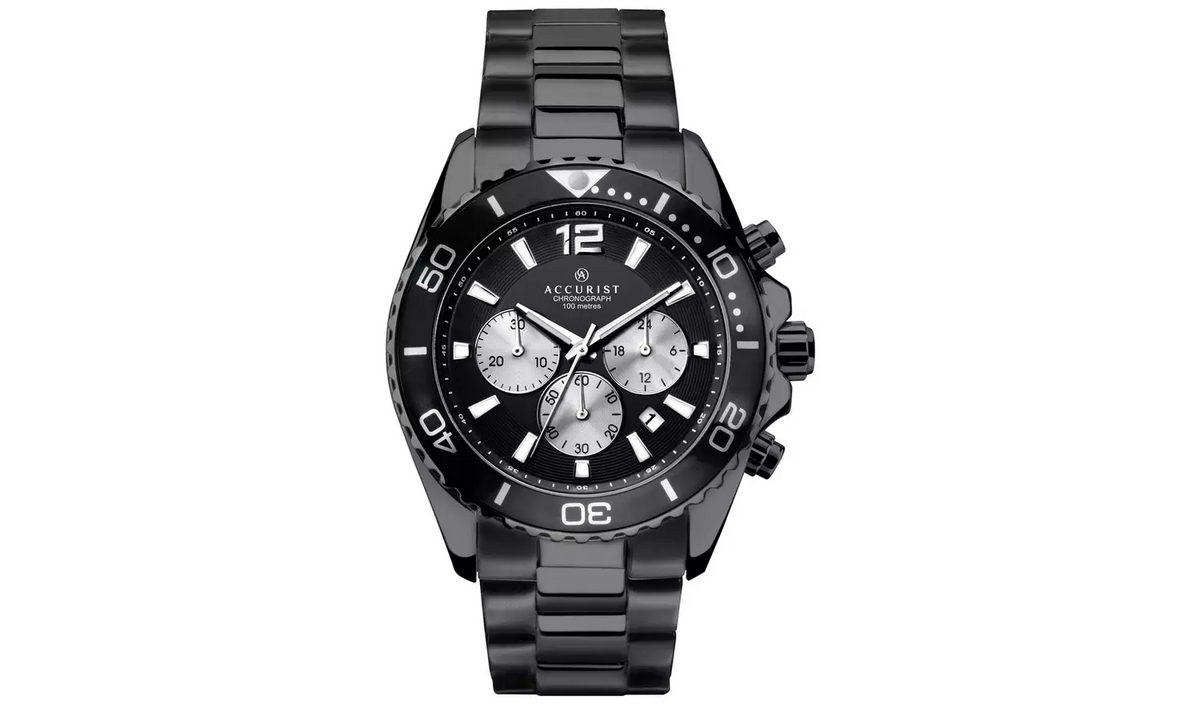 Accurist Mens Chronograph Watch with Black Dial and Black Bracelet 7205