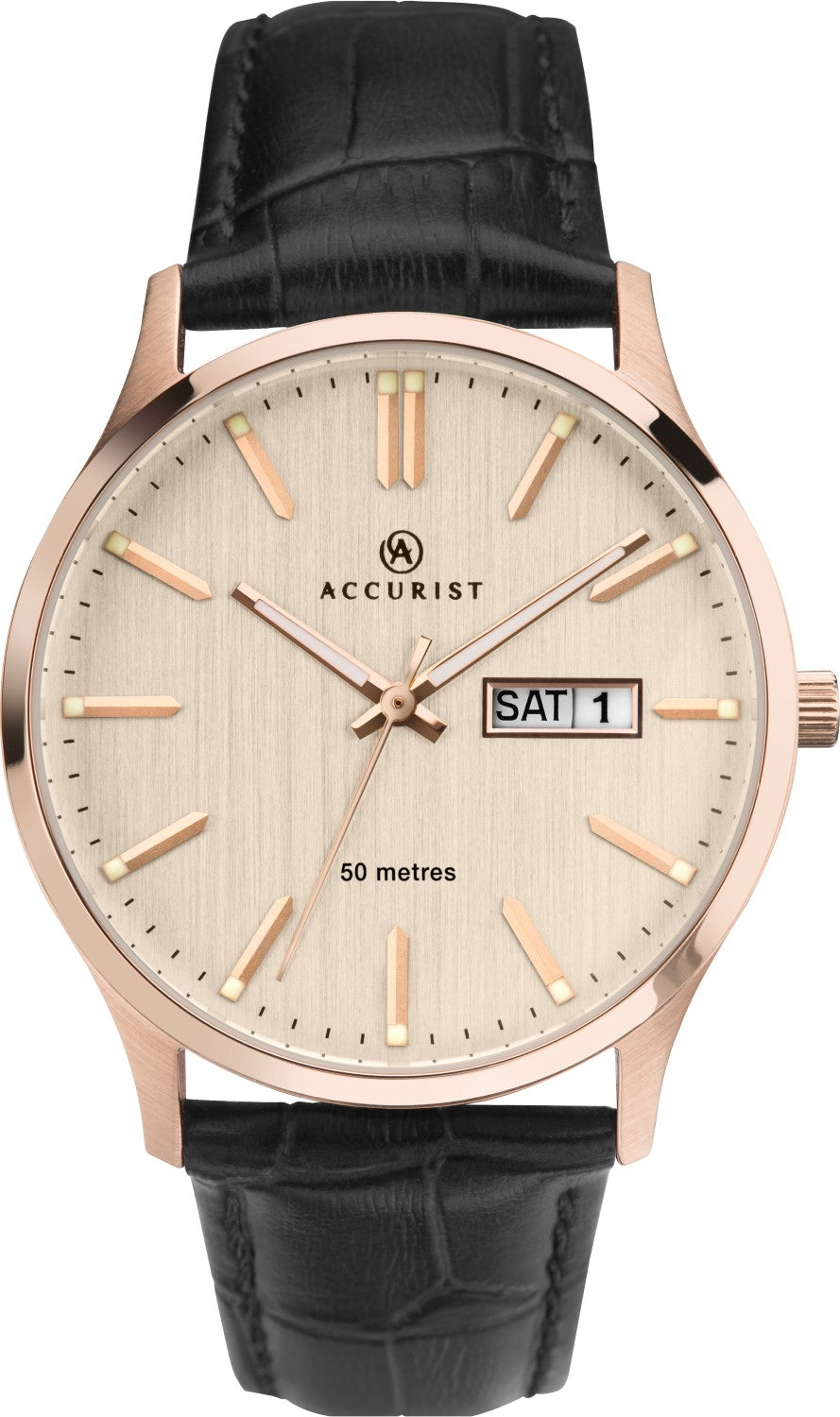 Accurist Gents Analogue Quartz Watch With Rose Gold Dial And Black Leather Strap 7235