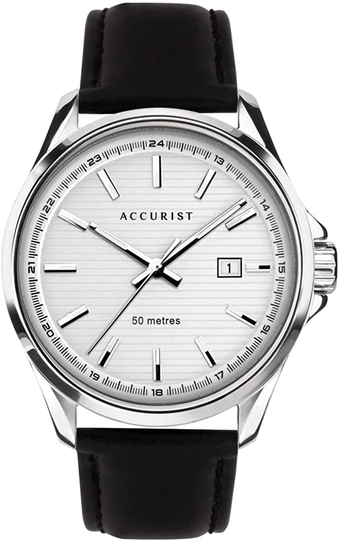 Mens Accurist Watch with White Dial and Black Leather Strap 7287