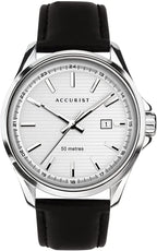 Mens Accurist Watch with White Dial and Black Leather Strap 7287