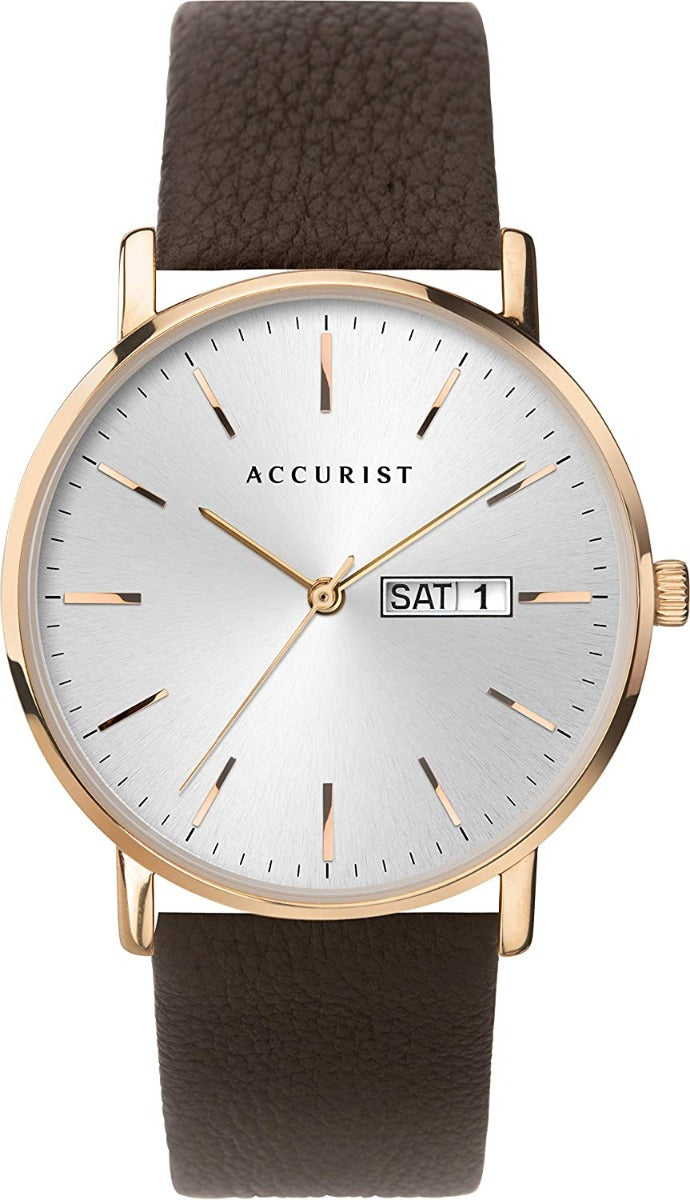 Accurist Mens Watch with Silver Sunray Dial and Brown Leather Strap 7298