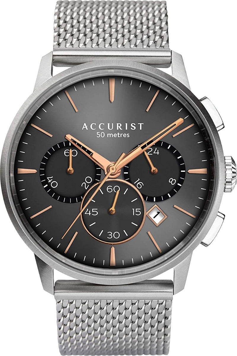 Accurist Mens Chronograph Watch with Grey Dial and Silver Milanese Strap 7315