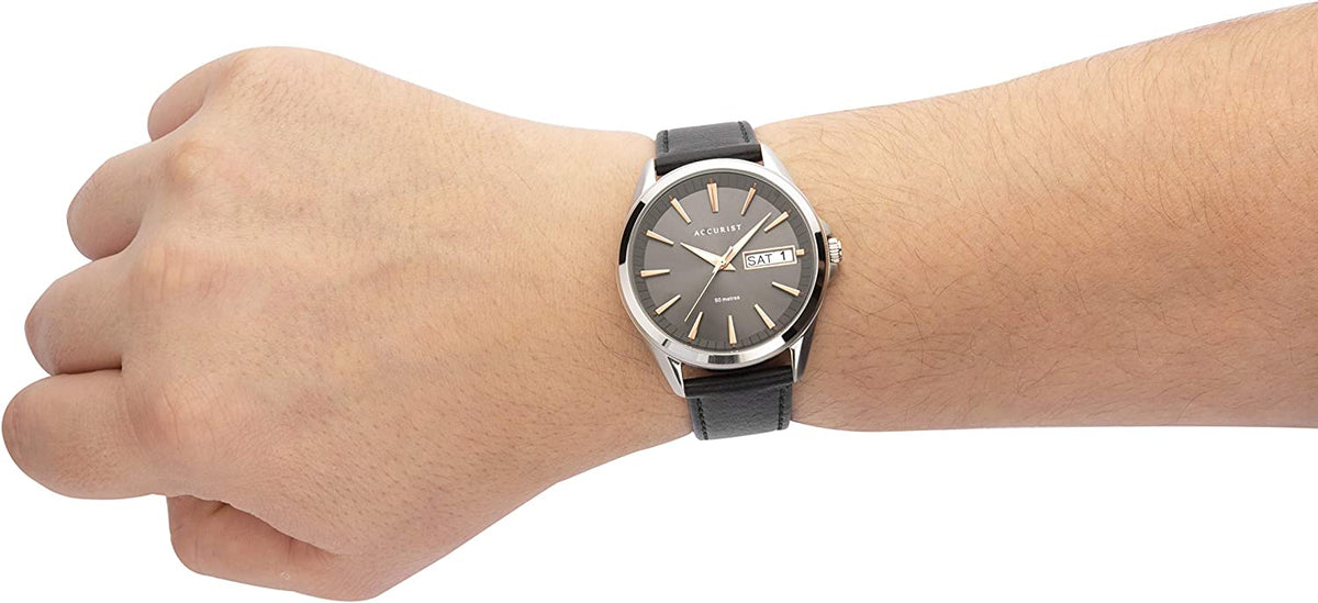 Accurist Mens Classic Watch with Grey Dial and Black Leather Strap 7333