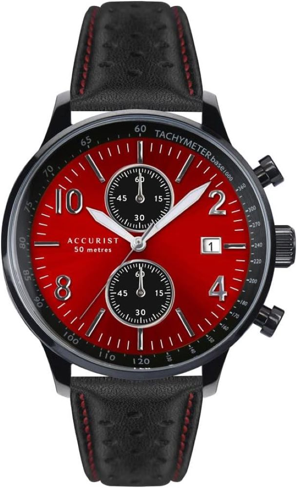 Accurist Mens Watch with Red Dial and Black Leather Strap 7382