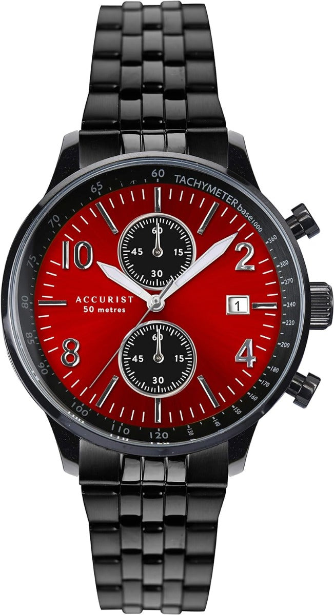 Accurist Mens Watch with Red Dial and Gun Metal Stainless Steel Bracelet 7383