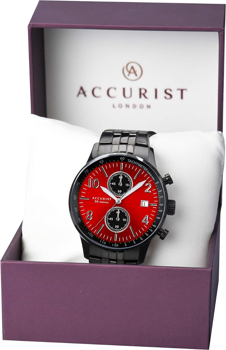 Accurist Mens Watch with Red Dial and Gun Metal Stainless Steel Bracelet 7383