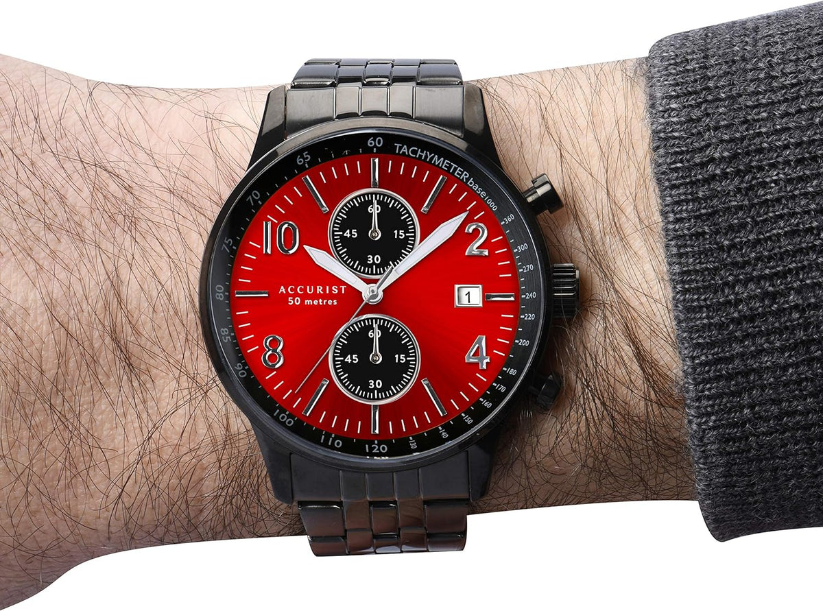 Accurist Mens Watch with Red Dial and Gun Metal Stainless Steel Bracelet 7383