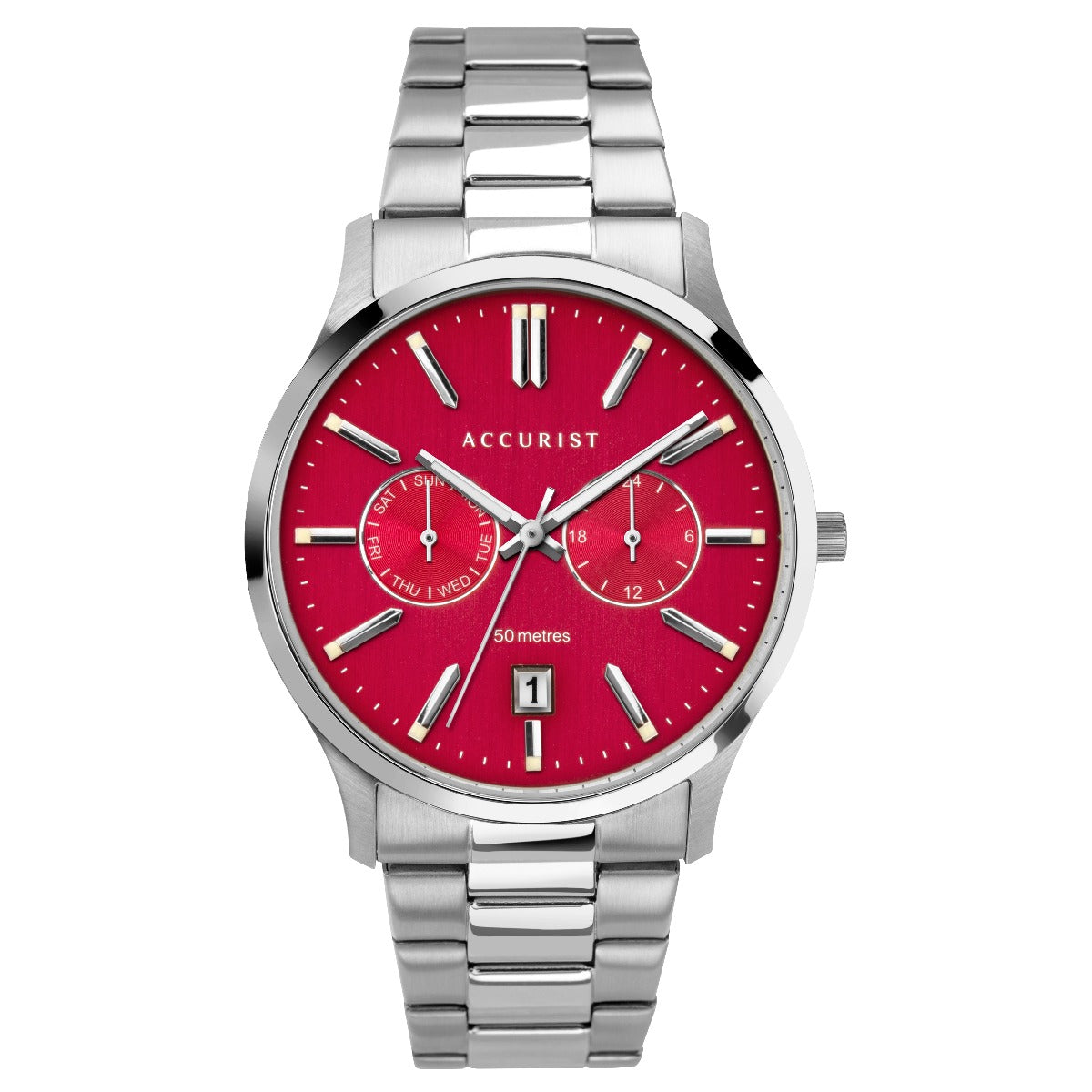 Accurist Mens Watch with Red Dial and Silver Bracelet 7405