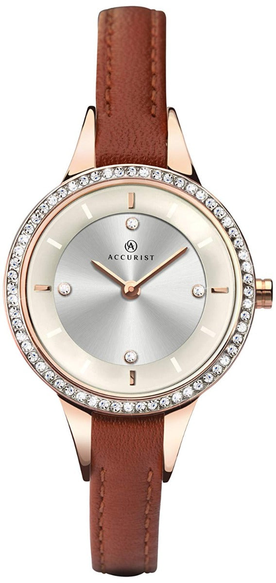 Accurist Women's Quartz Watch with Silver Analogue Display and Brown Leather Strap 8043
