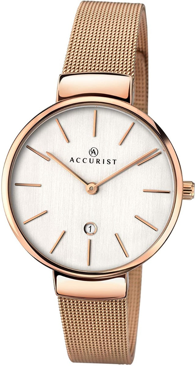 Accurist Ladies Watch with Silver Dial and Rose Gold Milanese Strap 8079