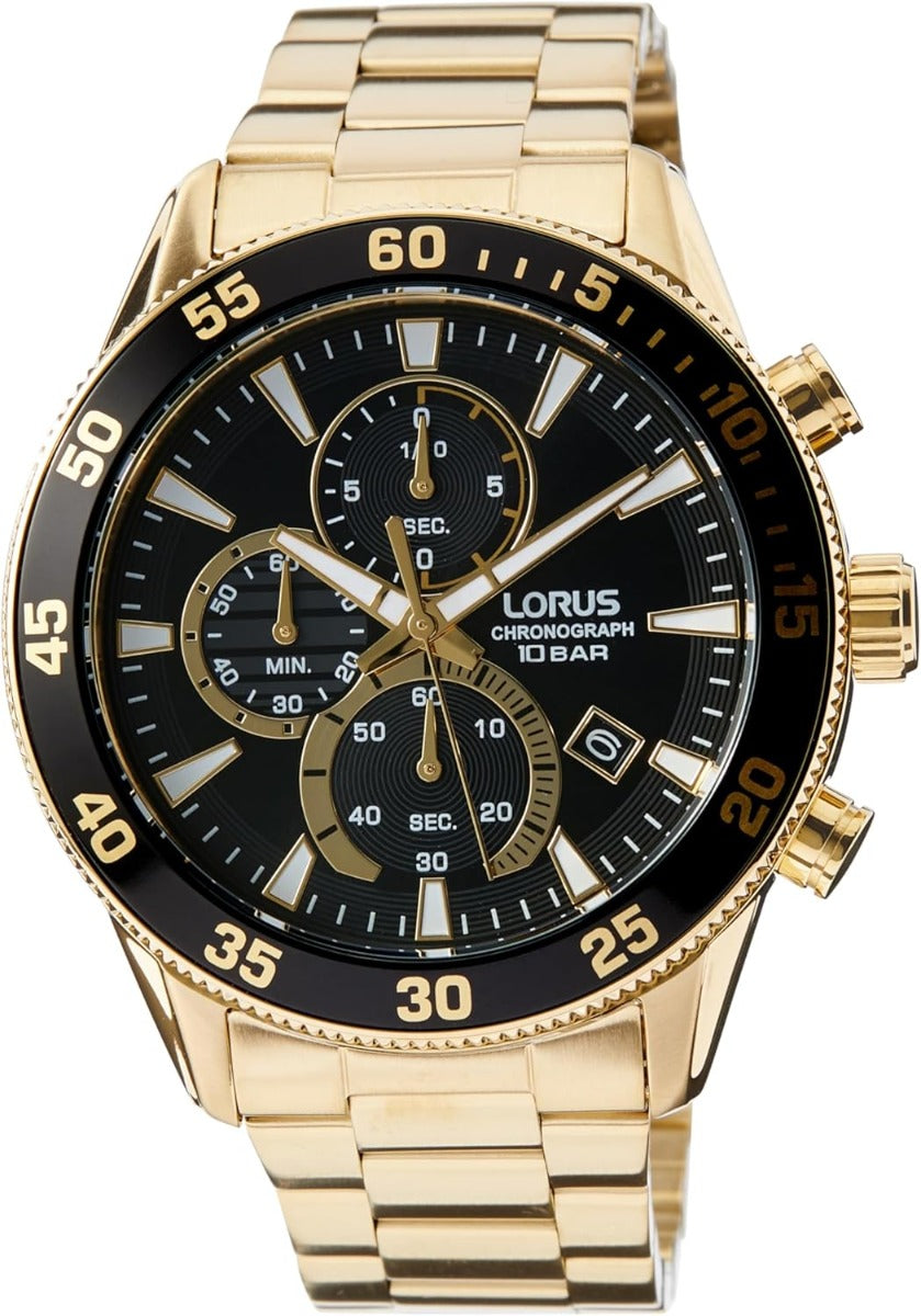 Lorus Men's Chronograph Watch with Black Dial and Gold Strap RM330JX9