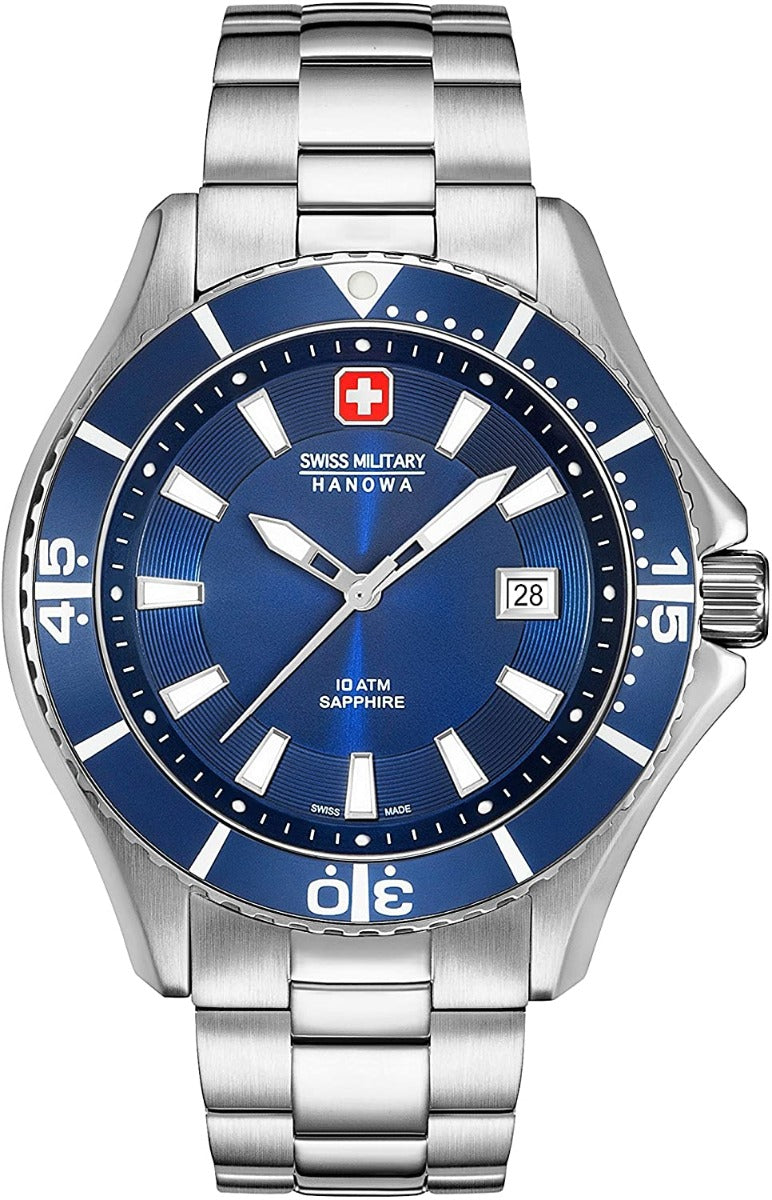Gwylio Dynion Swiss Military Hanowa gydag Wyneb Glas a Breichled Dur Di-staen 06-5296.04.003