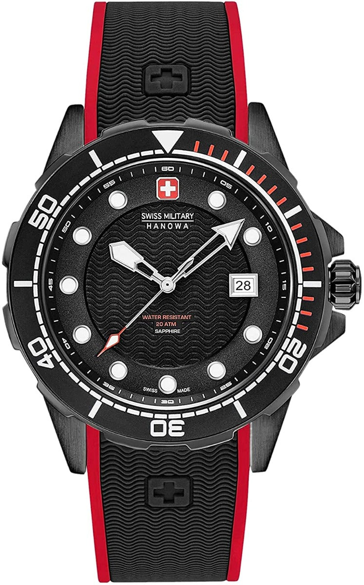 Swiss Military Hanowa Gwylio Dynion gyda Deial Du a Strap Silicone Du 06-4315.13.007