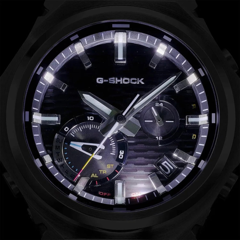 Casio G-Shock Gwylio Dynion â Deial Gwyrdd a Strap Arian GST-B1000D-3AER