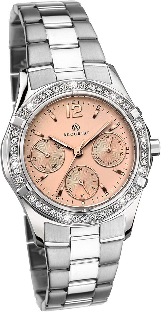 Accurist Ladies Watch with Stone Set Bezel and Rose Gold Dial 8202