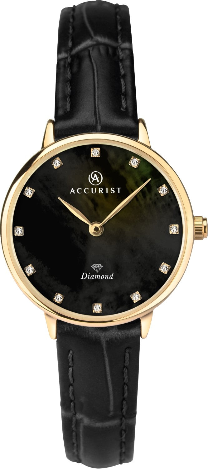 Accurist Ladies Analogue Quartz Watch With Black Mother Of Pearl Diamond Set Dial And Black Leather Strap 8211
