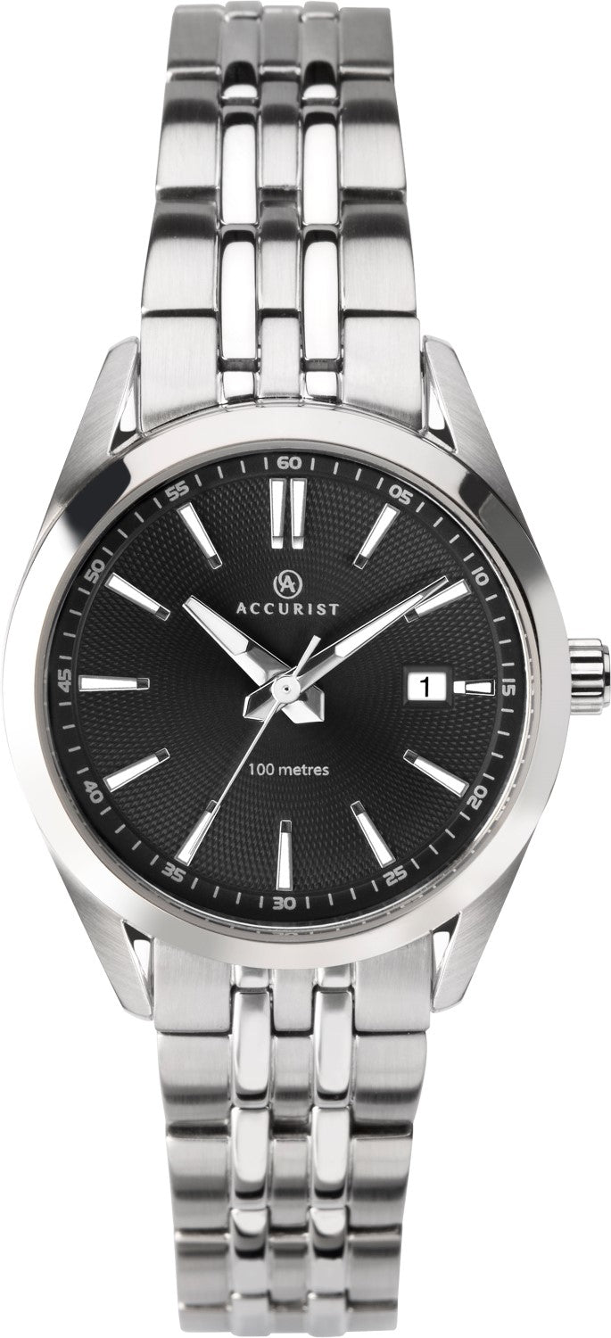 Accurist Ladies Analogue Quartz Watch With Black Dial And Silver Stainless Steel Bracelet 8223