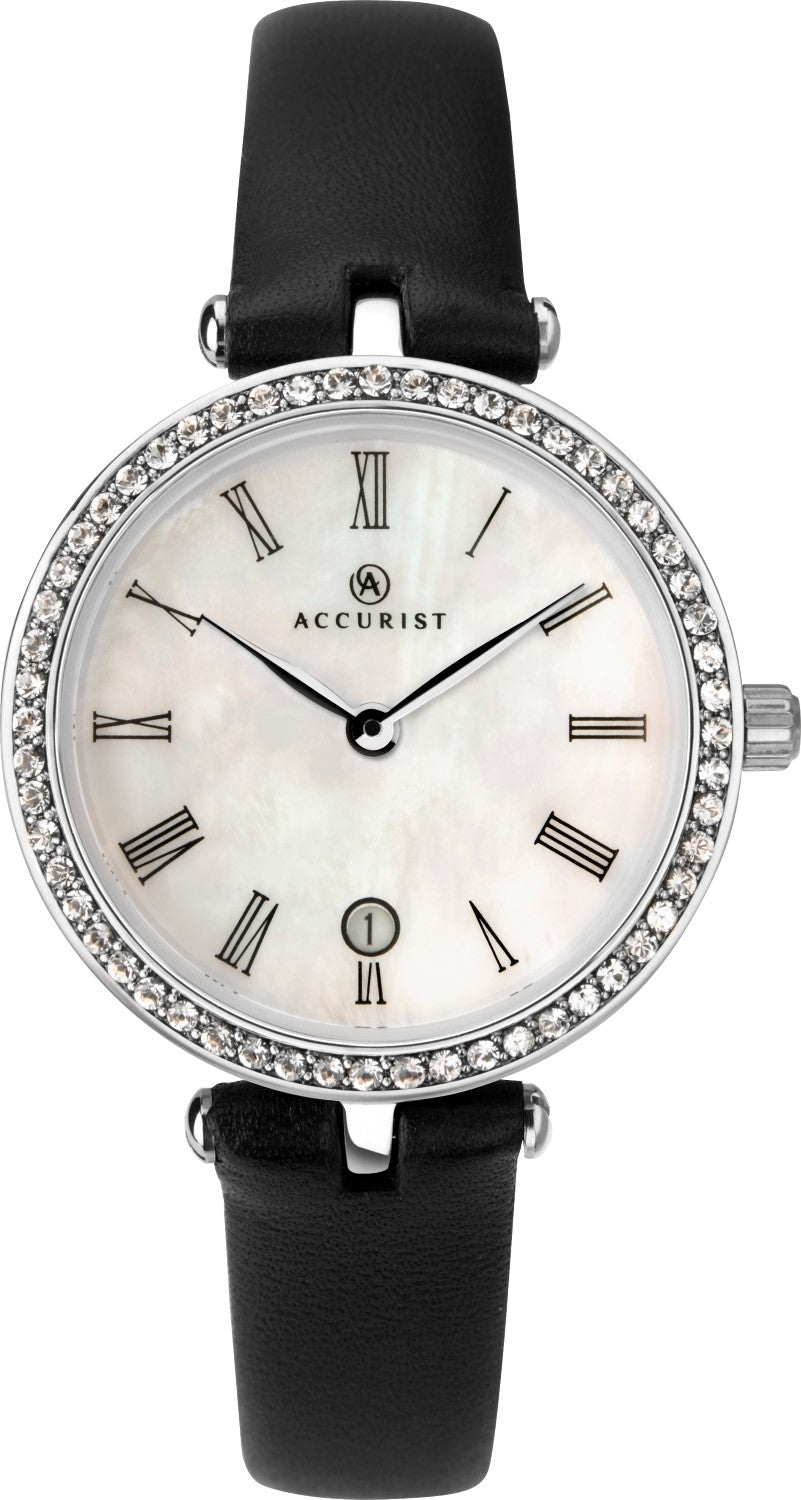 Accurist Ladies Analogue Quartz Watch With White Dial And Black Leather Strap 8226