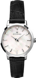 Accurist Ladies Quartz Analogue Watch With Silver Dial And Black Leather Strap 8228