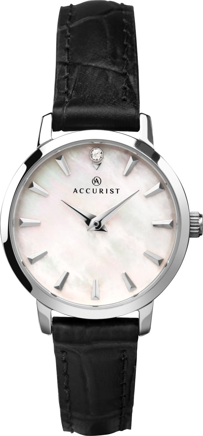 Accurist Ladies Quartz Analogue Watch With Silver Dial And Black Leather Strap 8228