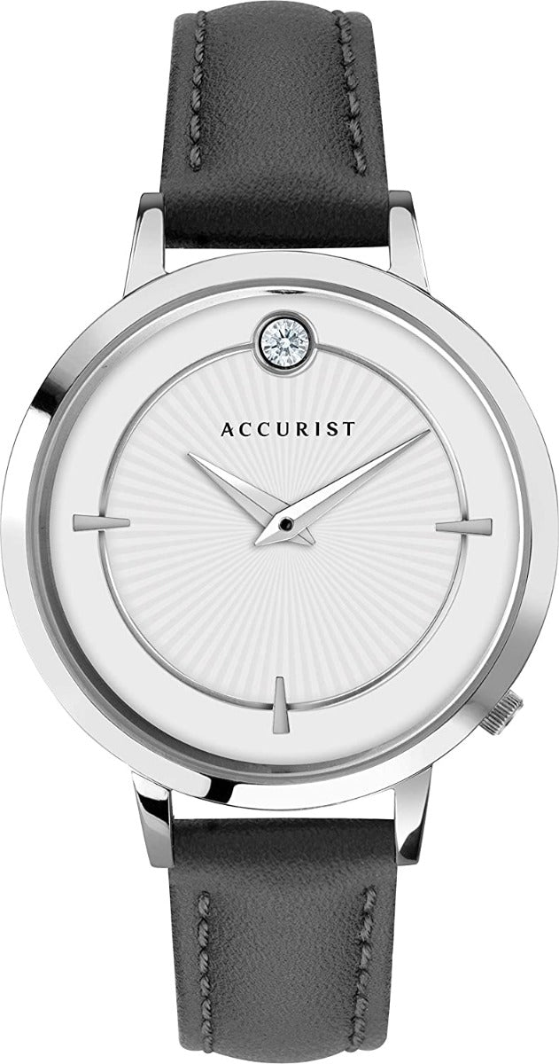 Accurist Ladies Watch with Silver Stone Set Dial and Grey Leather Strap 8340