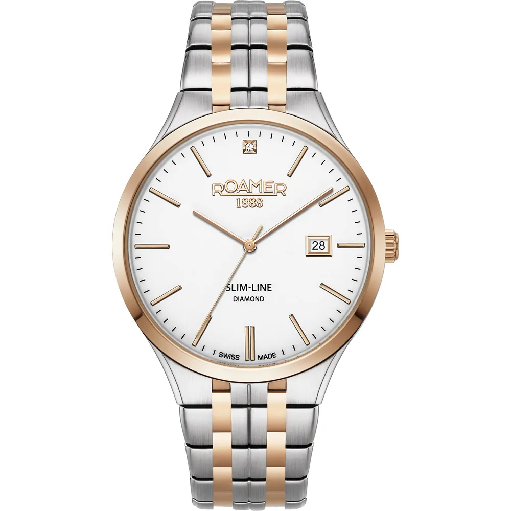 Cloc Mynnau Roamer Slim-Line i Ddynion gyda Deial Gwyn a Breichled Dau Dôn 864833 49 25 50