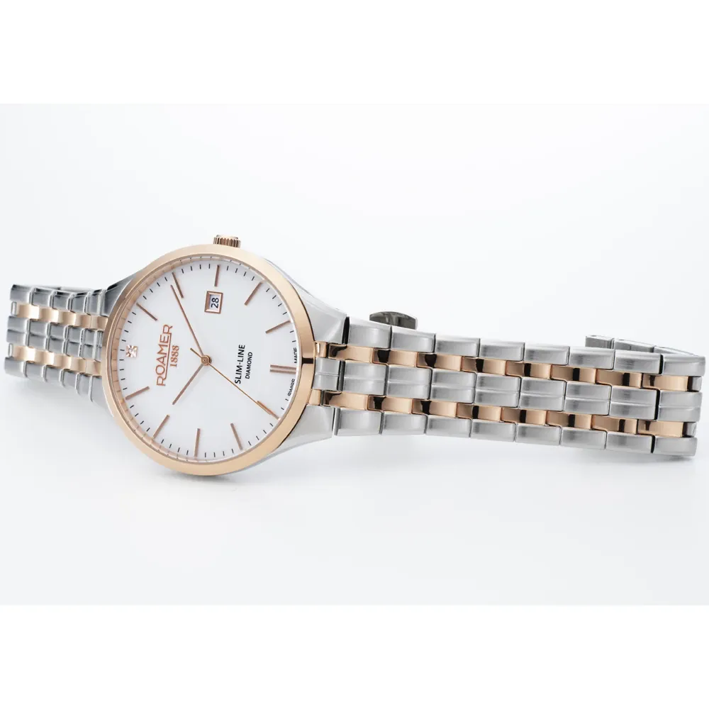 Cloc Mynnau Roamer Slim-Line i Ddynion gyda Deial Gwyn a Breichled Dau Dôn 864833 49 25 50