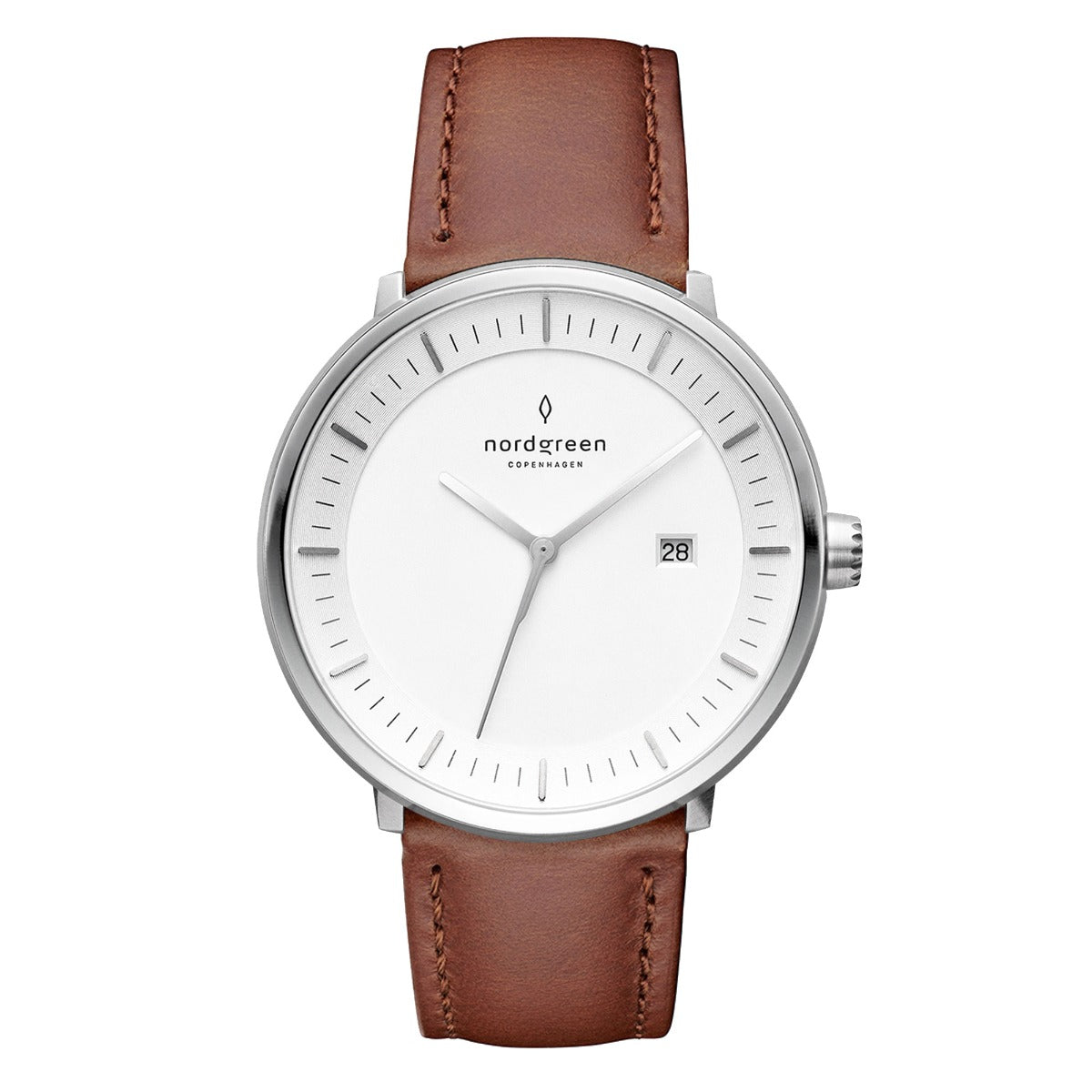 Nordgreen Philosopher Scandinavian Silver Unisex Watch with Brown Leather Strap