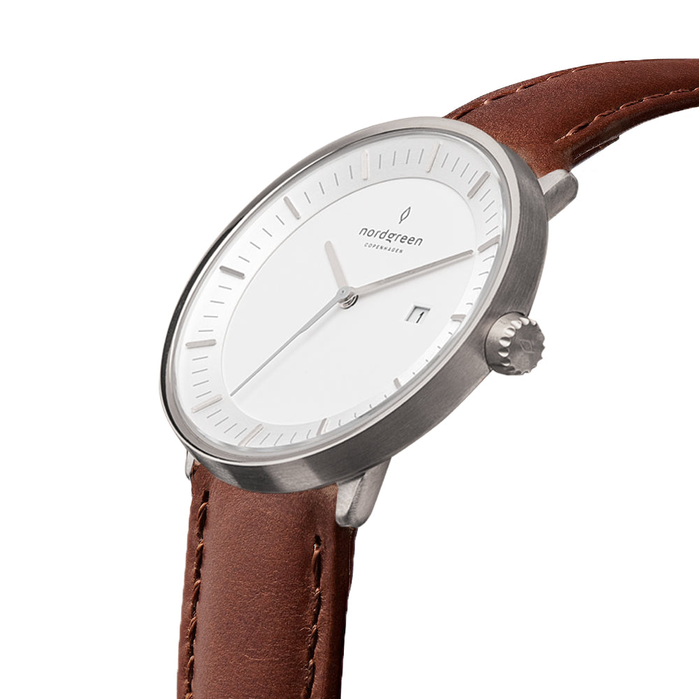 Nordgreen Philosopher Scandinavian Silver Unisex Watch with Brown Leather Strap