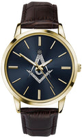 Sekonda Men's Masonic Watch with Gold Case Blue Dial and Brown Leather Strap 90095