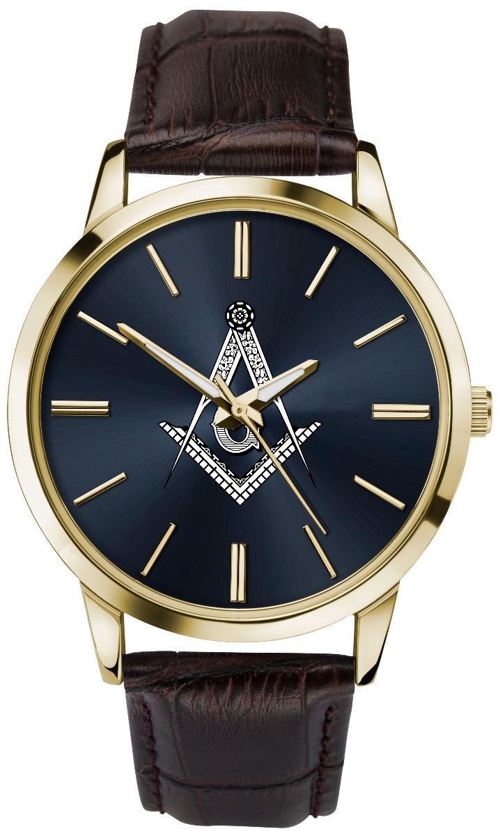 Sekonda Men's Masonic Watch with Gold Case Blue Dial and Brown Leather Strap 90095