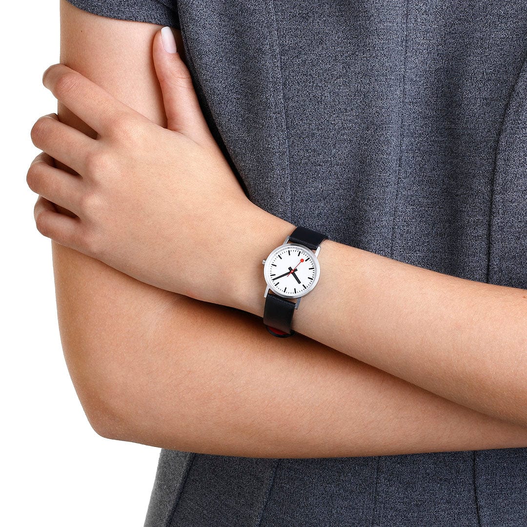 Mondaine Classic Ladies Watch with White Dial and Black Vegan Leather Strap A658.30323.16OMV