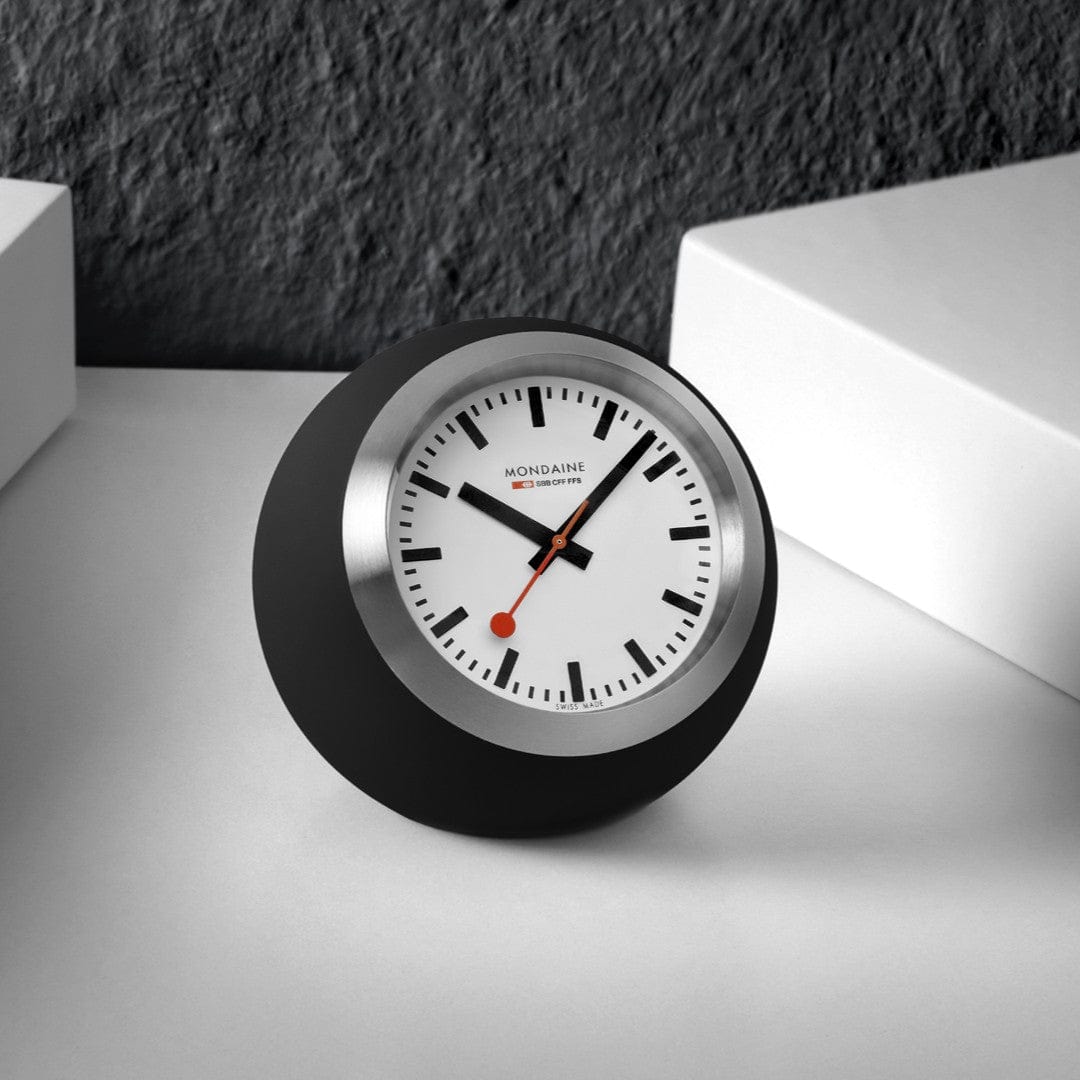Mondaine Table Clock with White Face and Black Case A660.30335.16SBO