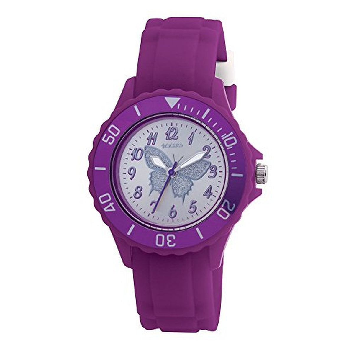 Childrens Tikkers Watch with Purple Silicone Strap and Silver Glitter Butterfly Face - TK0035