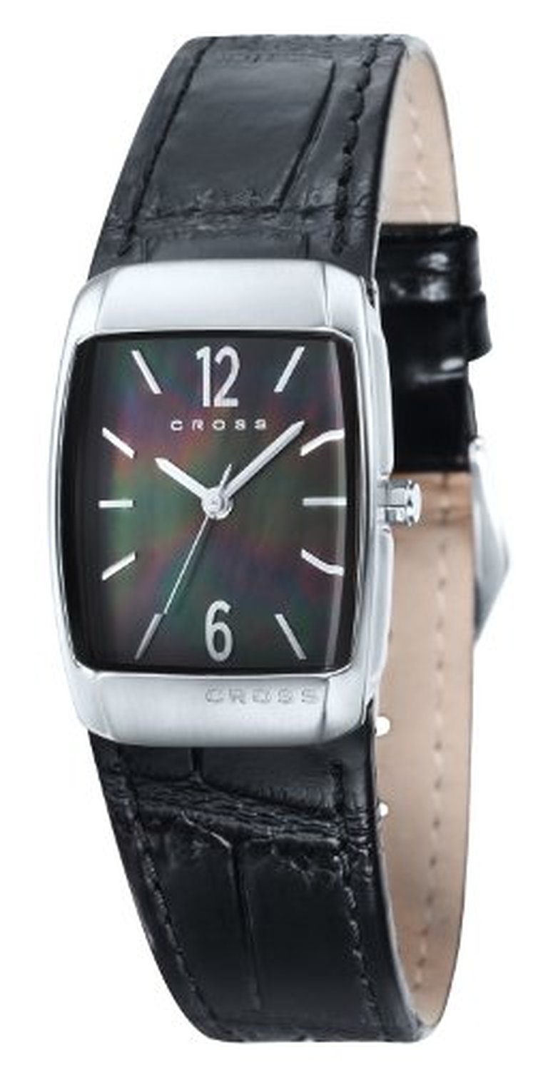 Cloc Cwarts Merched Croes Arial gydag Arddangosfa Analog Deial Ddu a Strap Lledr Du CR9005-01