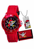 Tikkers Red Pirate Gift Set Silcon Strap Boys Watch, Wallet and Dog Tag Gift Set
