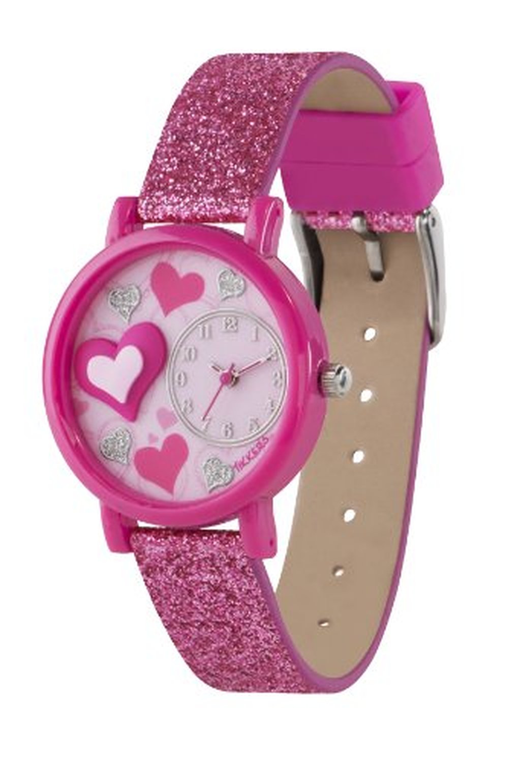 Olwyn Blant Tikkers gyda Wyneb Calonnau Pinc a Strap Glitter Pinc TK0072