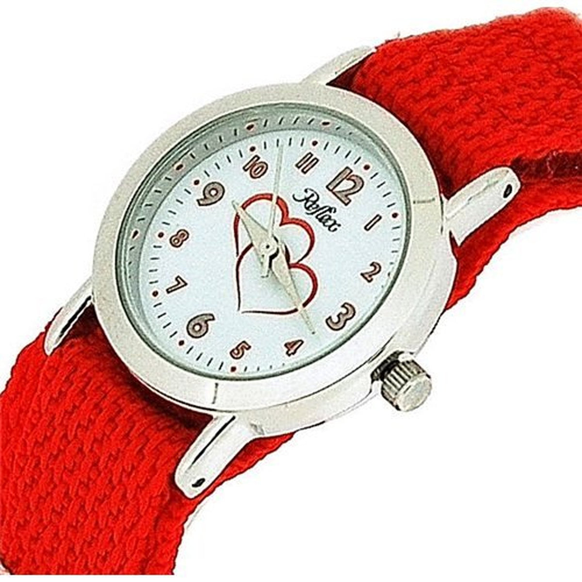 Reflex Analogue Girls Bright Red Velcro Love Hearts Fabric Strap Watch KID-0084