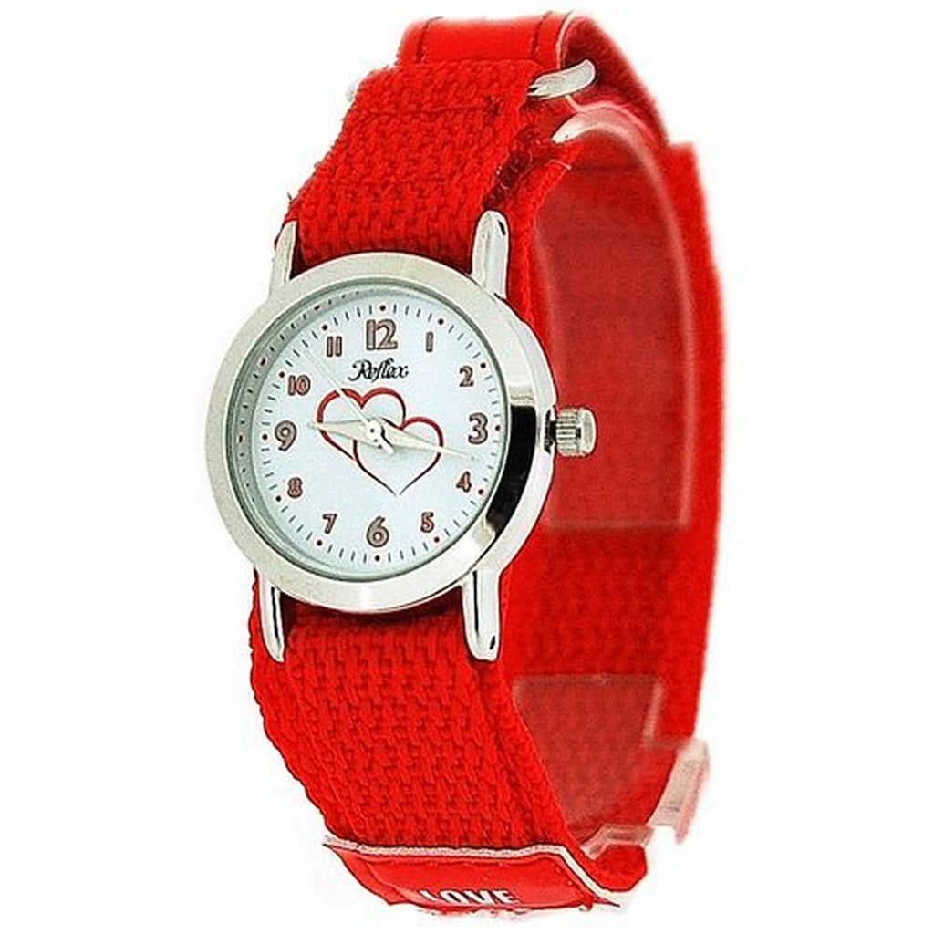 Reflex Analogue Girls Bright Red Velcro Love Hearts Fabric Strap Watch KID-0084