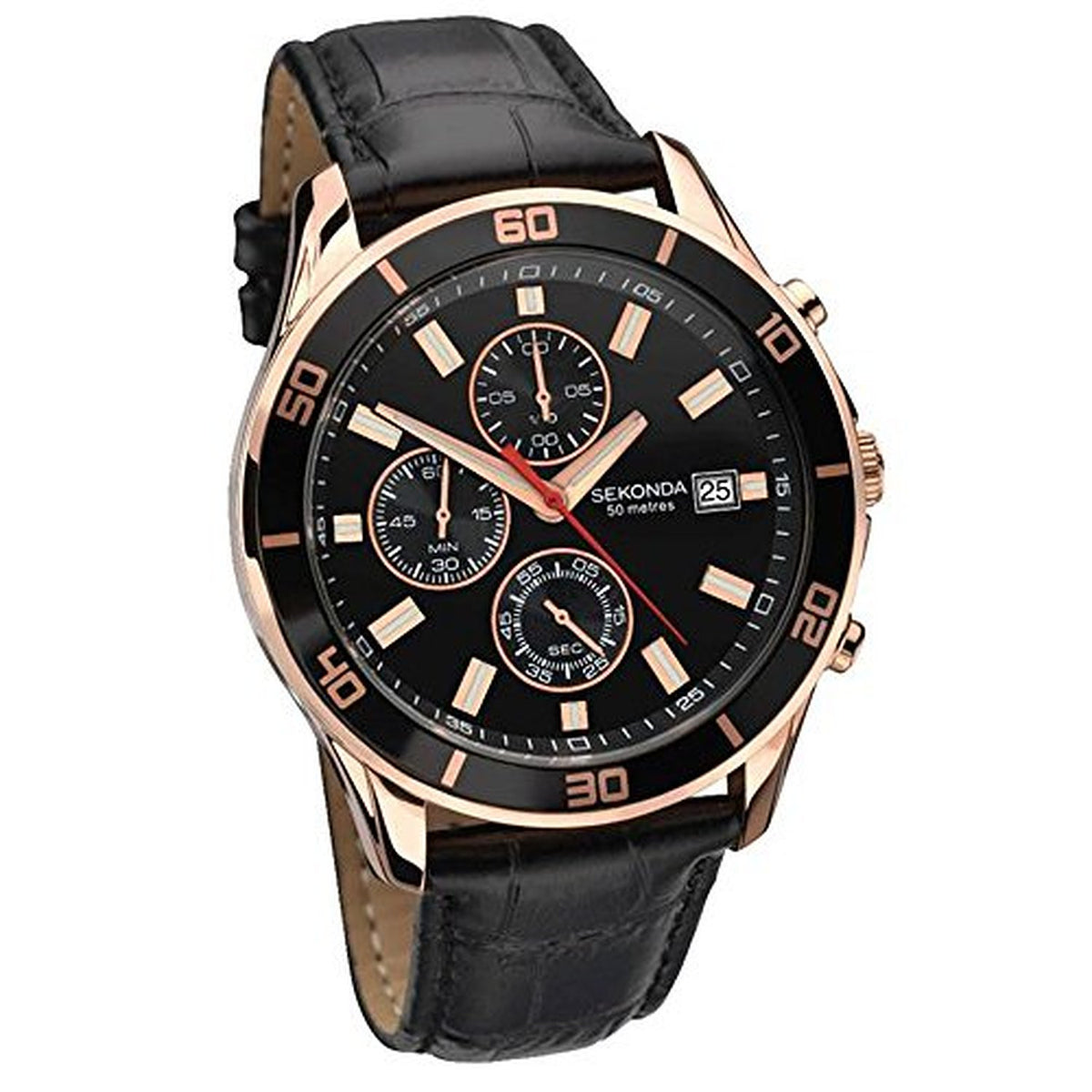 Sekonda Nightfall Rose Gold Chronograph Watch With Black Leather Strap Gents Watch 1051