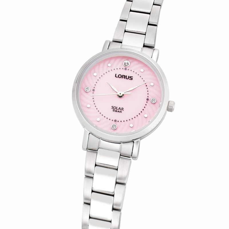 Lorus Ladies Solar Watch with Pink Dial and Silver Bracelet RY521AX9